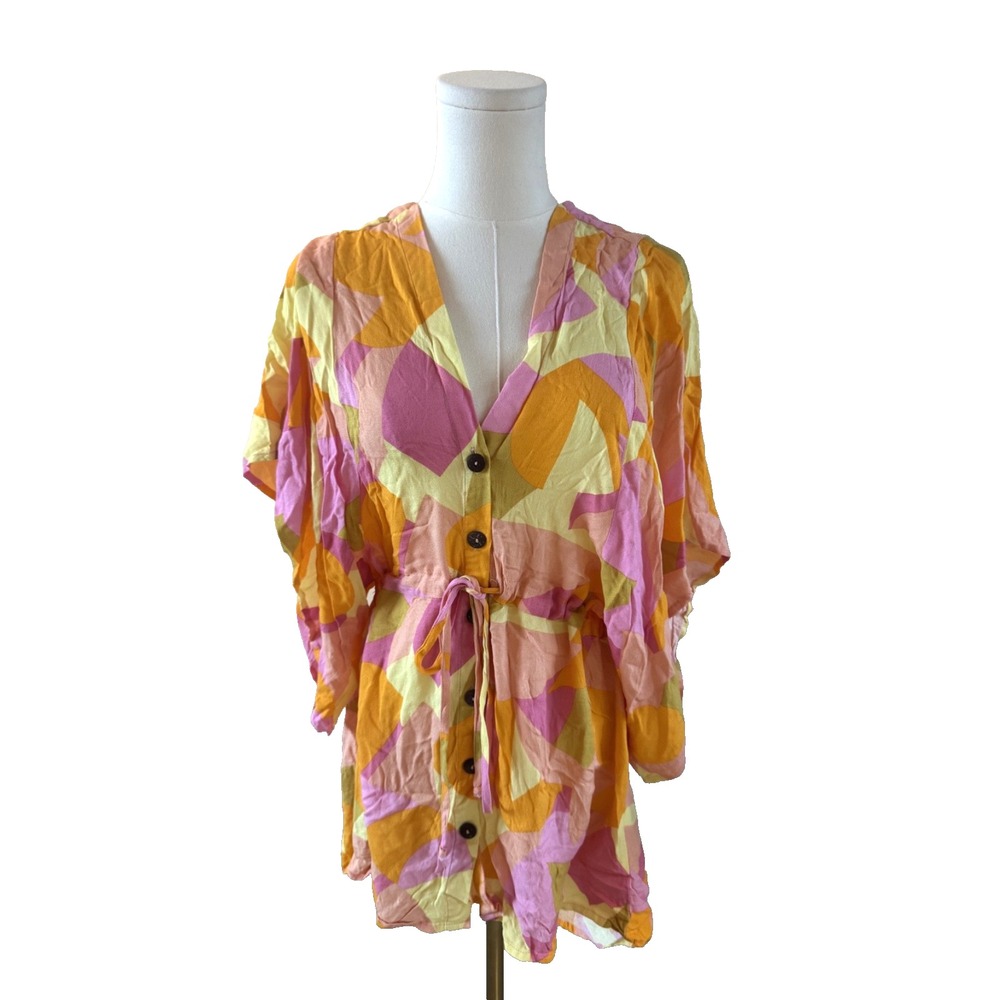 Vici Women's Mini Shirt Dress Coverup Drawstring Tropical Pink Orange Vacation S